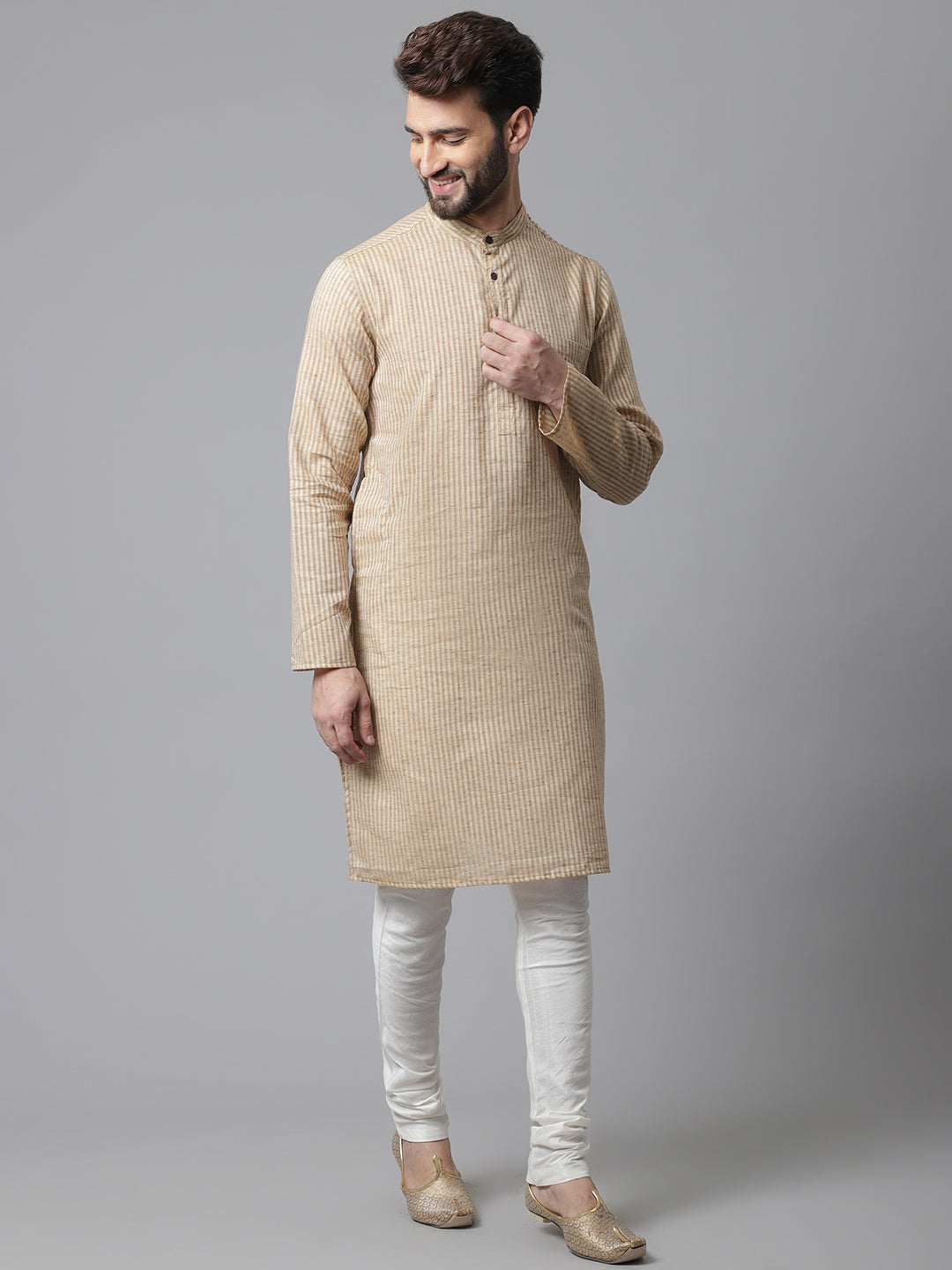Even Apparels Beige Solid Kurta With Band Collar - Distacart