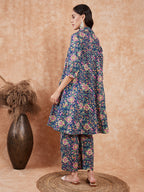 InWeave Women's Blue Green Pink Floral Print Flared Kurta Pant Set - Distacart