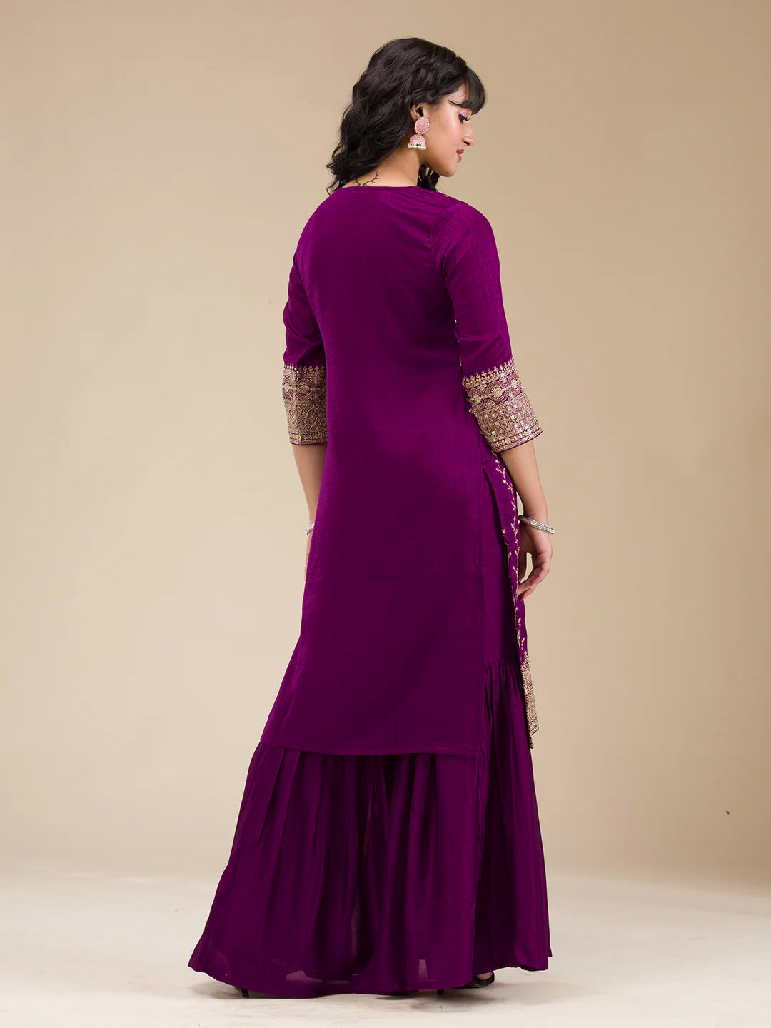 The52 Beautiful Embroidered Vichitra Silk Fabric Straight Kurta, Palazzo and Dupatta Set - Distacart