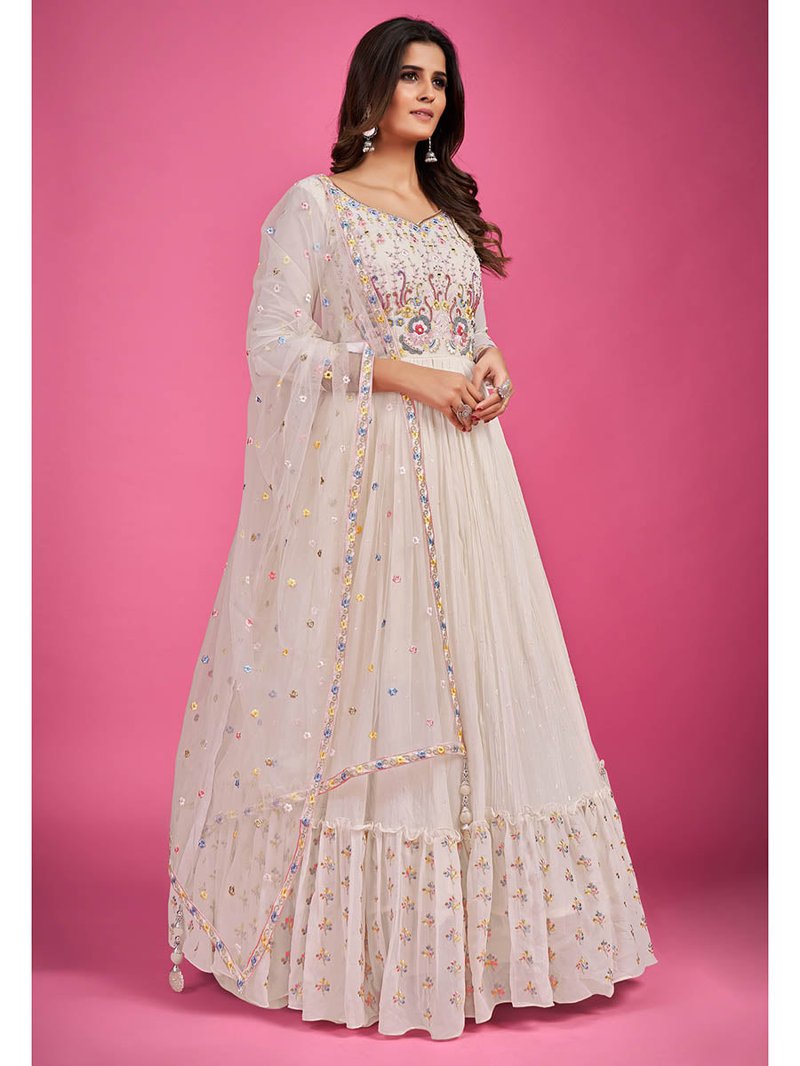 Myra White Pure Georgette Embroidered Gown - Distacart