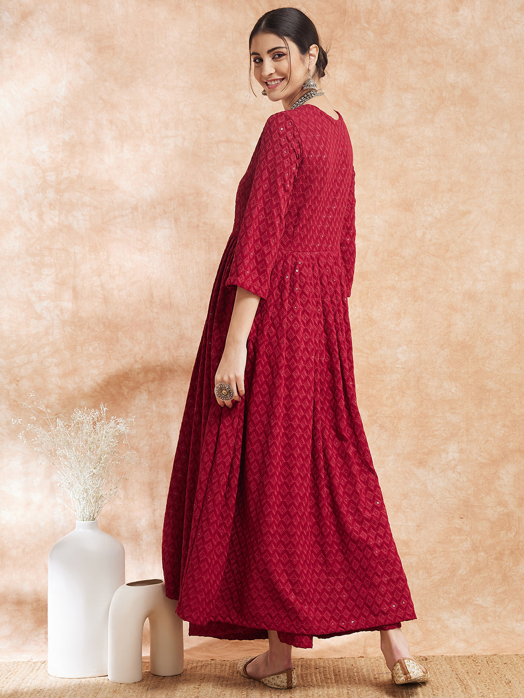 InWeave Women's Maroon Chikankari Long Anarkali Kurta Sharara Set