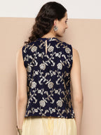 InWeave Women's Navy Blue Brocade Halter Top