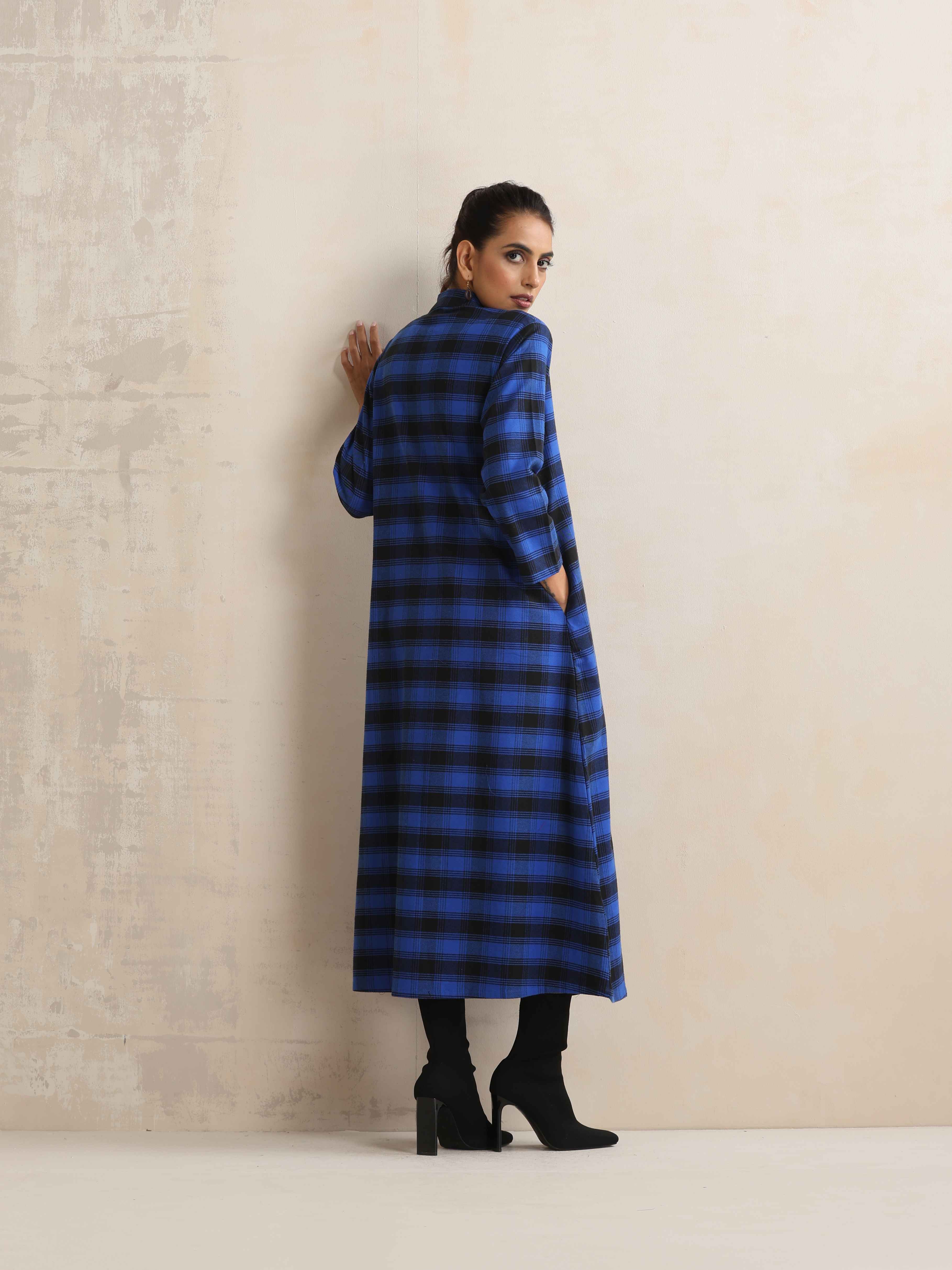 trueBrowns Blue Check Flared Winter Dress - Distacart