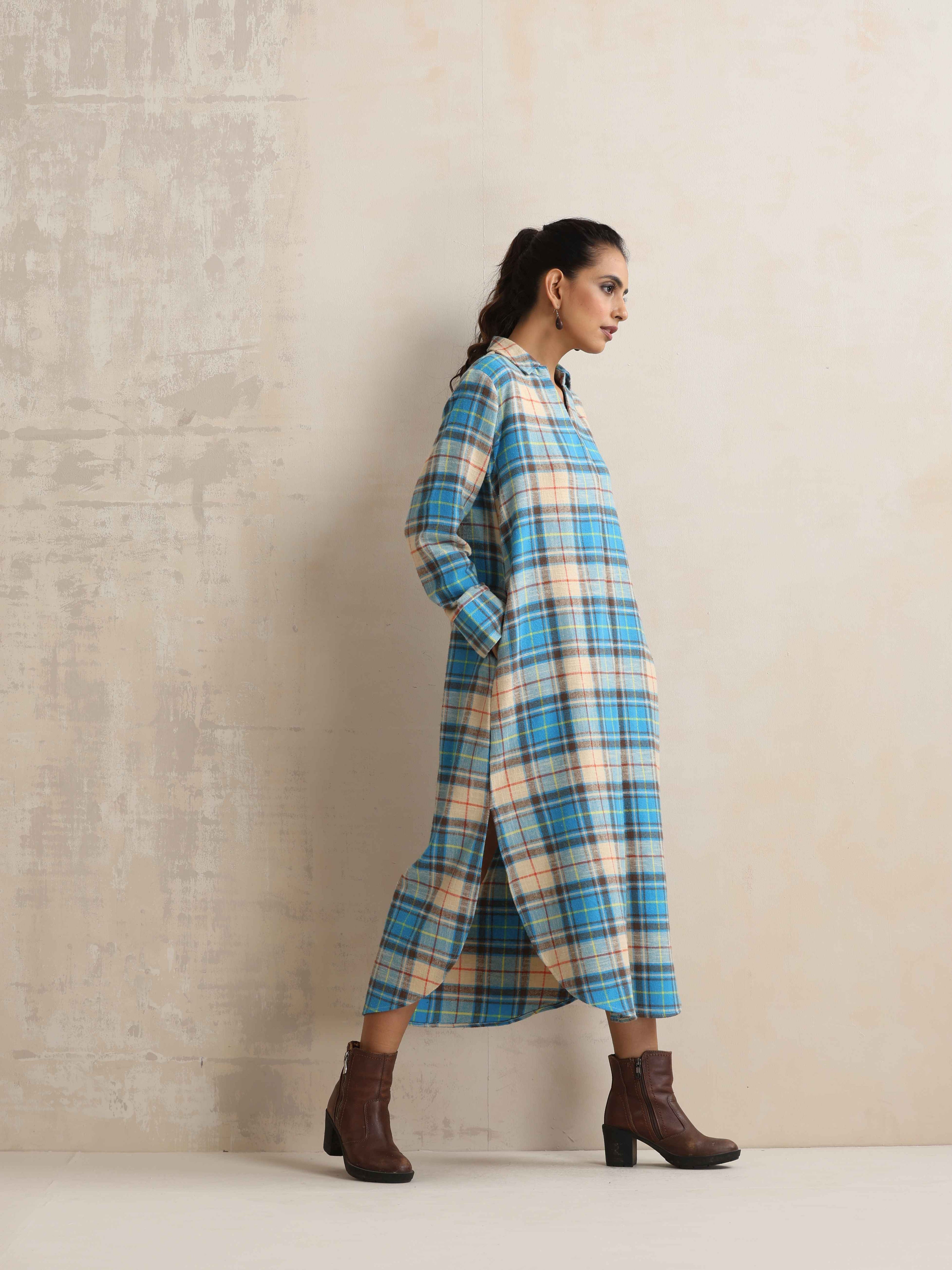 trueBrowns Beige Check Pleated Winter Dress - Distacart