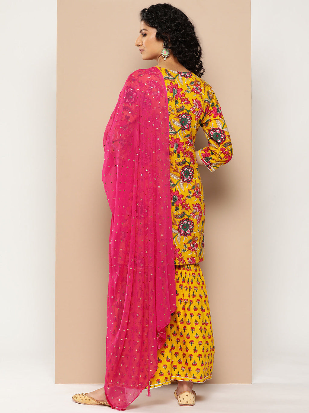 KSUT (House of Varanga) Yellow And Pink Floral Printed Round Neckline Kurta Having Gota Work On Yoke Nad Paired With Sharara And Contrast Pink Dupatta - Distacart