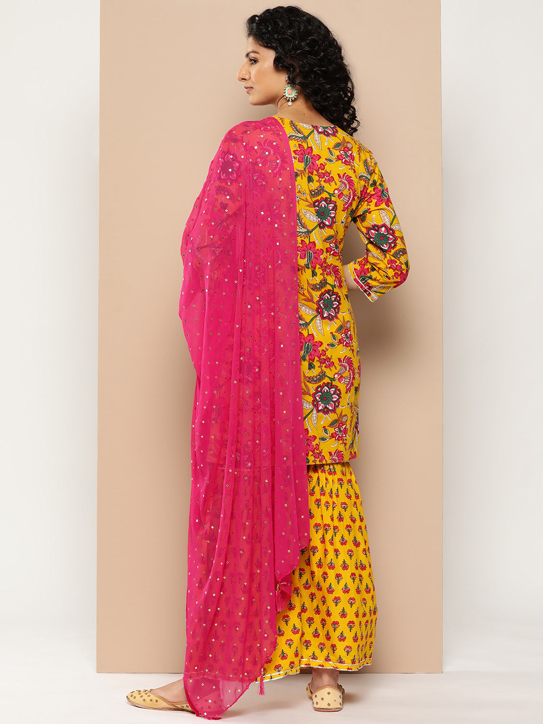KSUT (House of Varanga) Yellow And Pink Floral Printed Round Neckline Kurta Having Gota Work On Yoke Nad Paired With Sharara And Contrast Pink Dupatta - Distacart