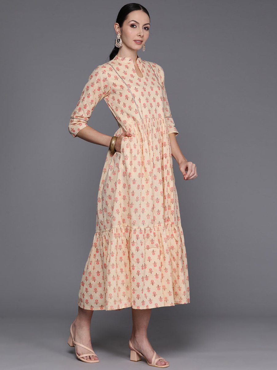 Ahalyaa Floral Print Mandarin Collar Tiered Midi Pure Cotton Ethnic Dress - Distacart