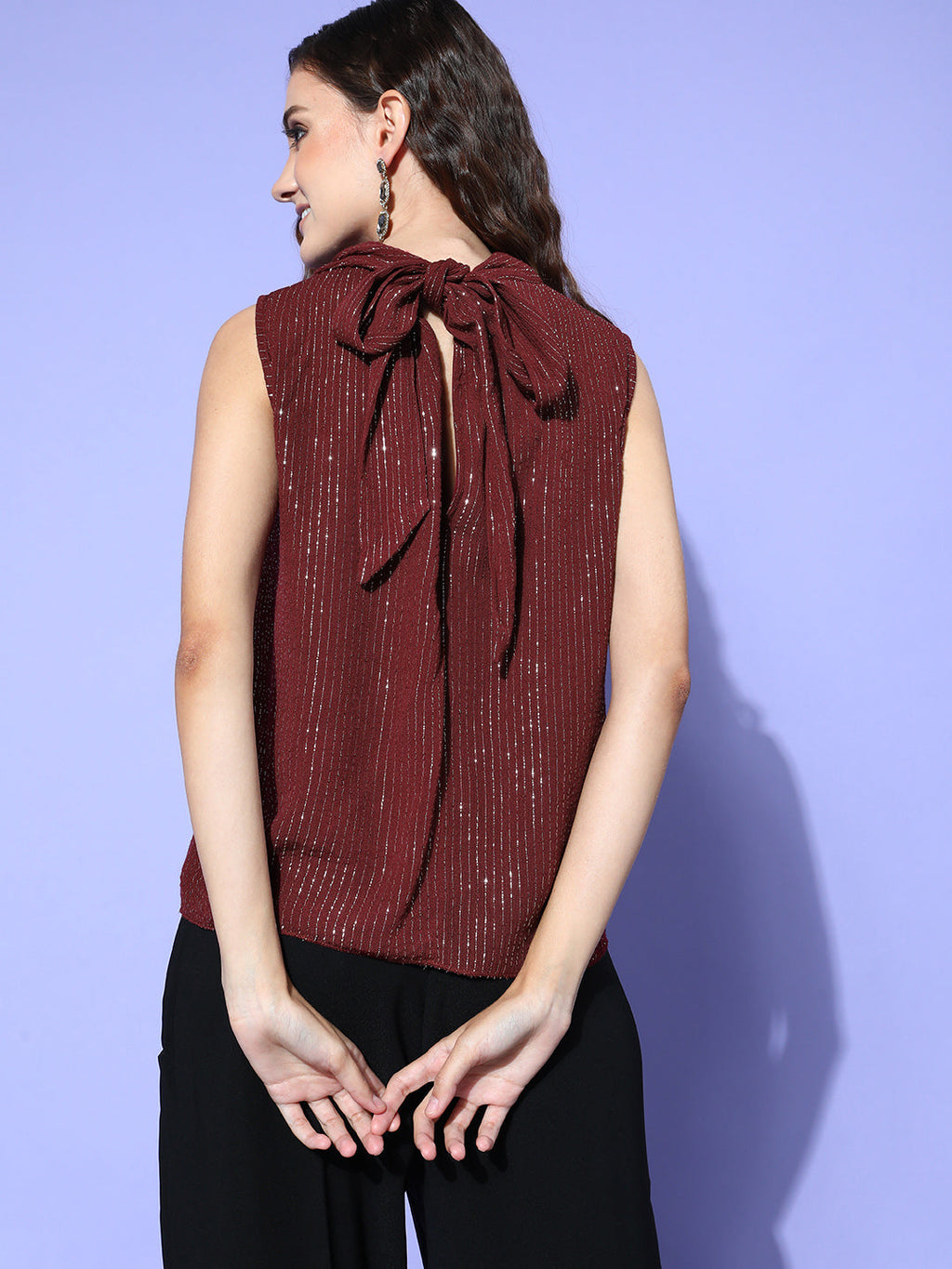 InWeave Women's Maroon Lurex Tie Up Top