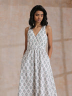 trueBrowns Green Buta On White Block Print Cotton Sleeveless Wrap Dress - Distacart