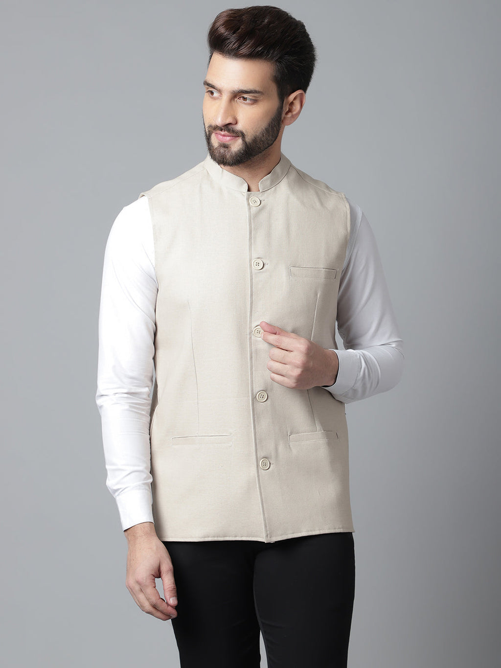 Even Apparels Men's Cream Nehru Jacket With Welt Pockets