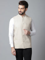 Even Apparels Men's Cream Nehru Jacket With Welt Pockets