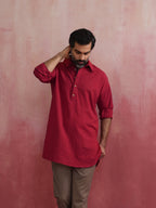 trueBrowns Men's Maroon Cotton Shirt Collar Stylized Kurta