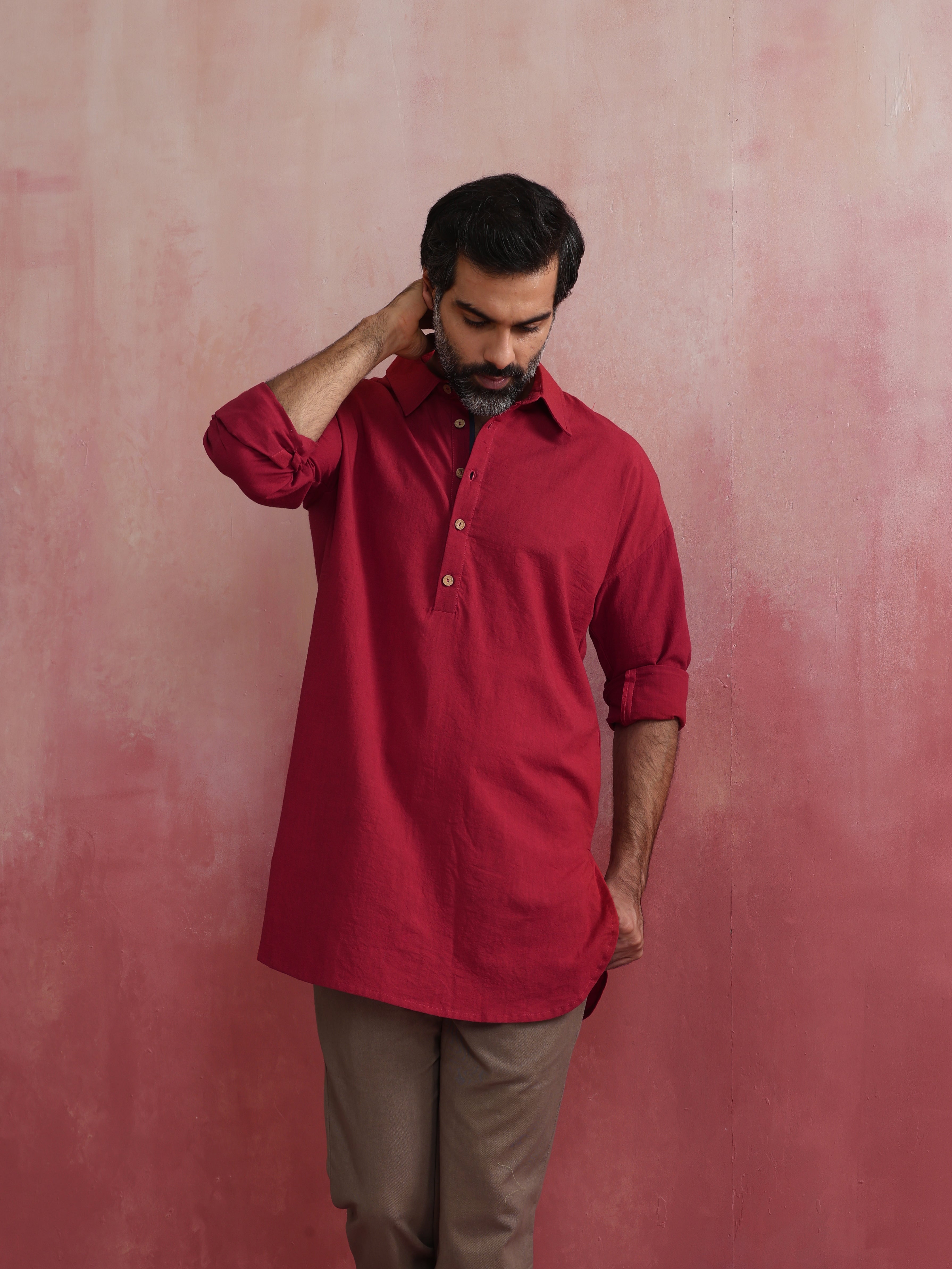trueBrowns Men's Maroon Cotton Shirt Collar Stylized Kurta
