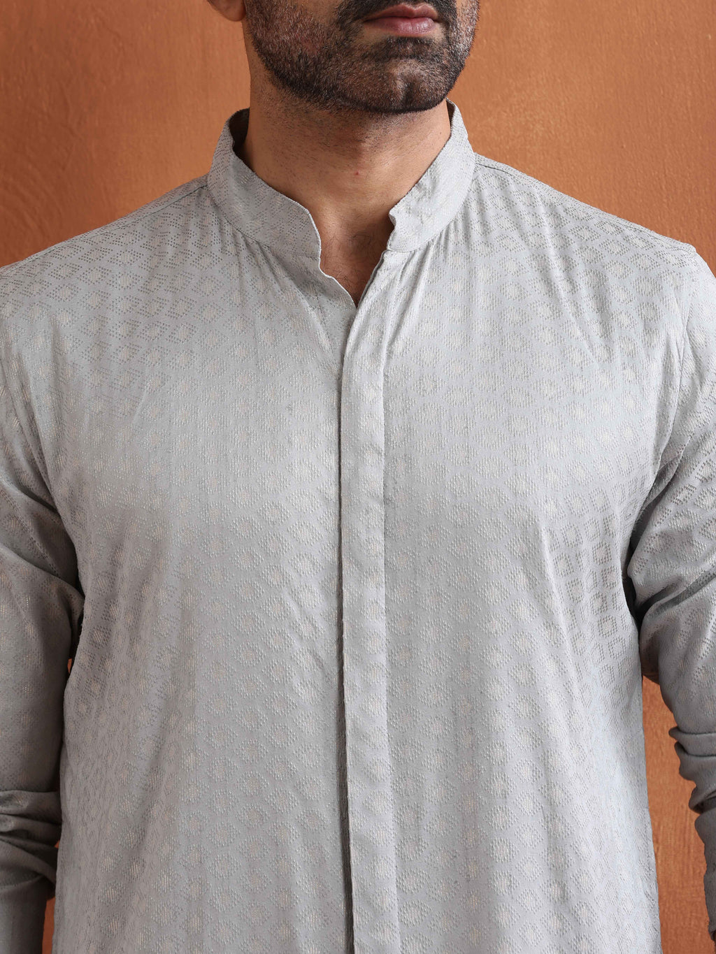 trueBrowns Men's Grey Chanderi Front Open Kurta