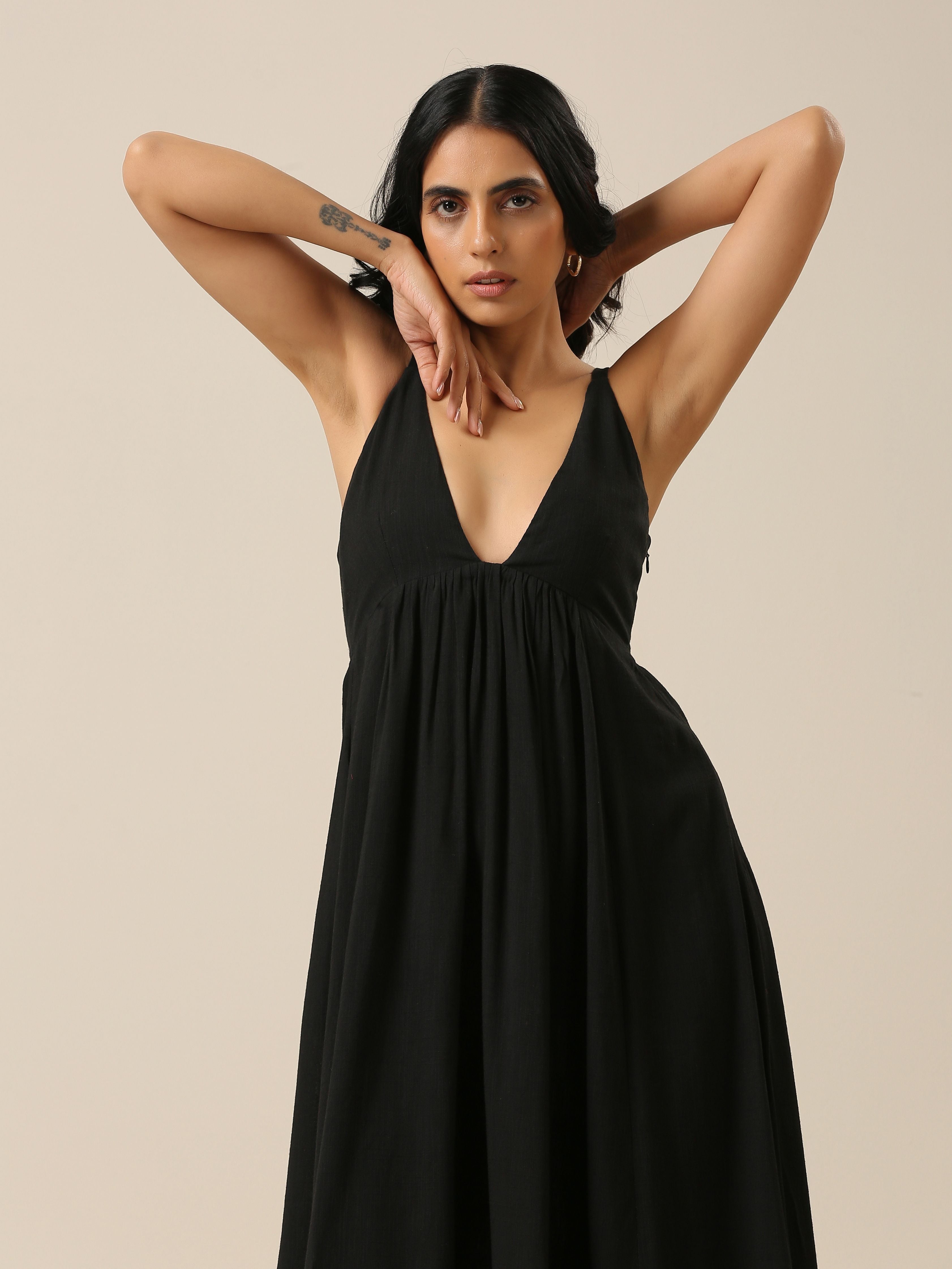 trueBrowns Black Slub Texture Sleeveless Dress - Distacart