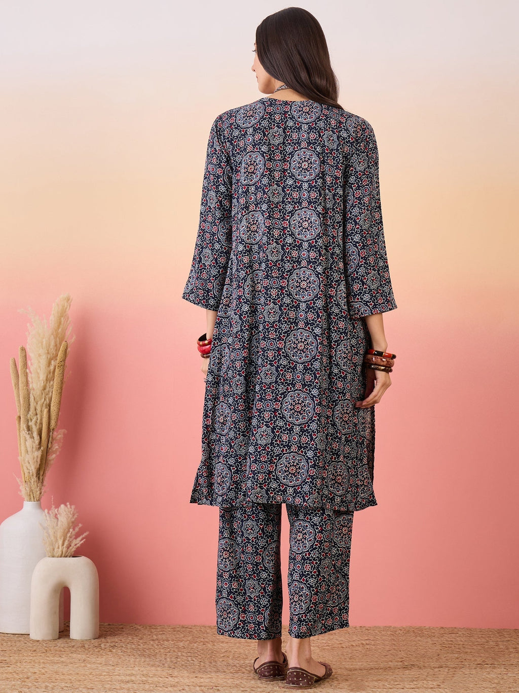 InWeave Navy Maroon Ajrakh Foil V Neck Kurta Pant Set
