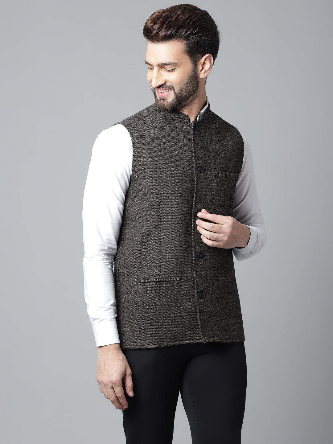 Even Apparels Men's Brown Pure Wool Nehru Jacket