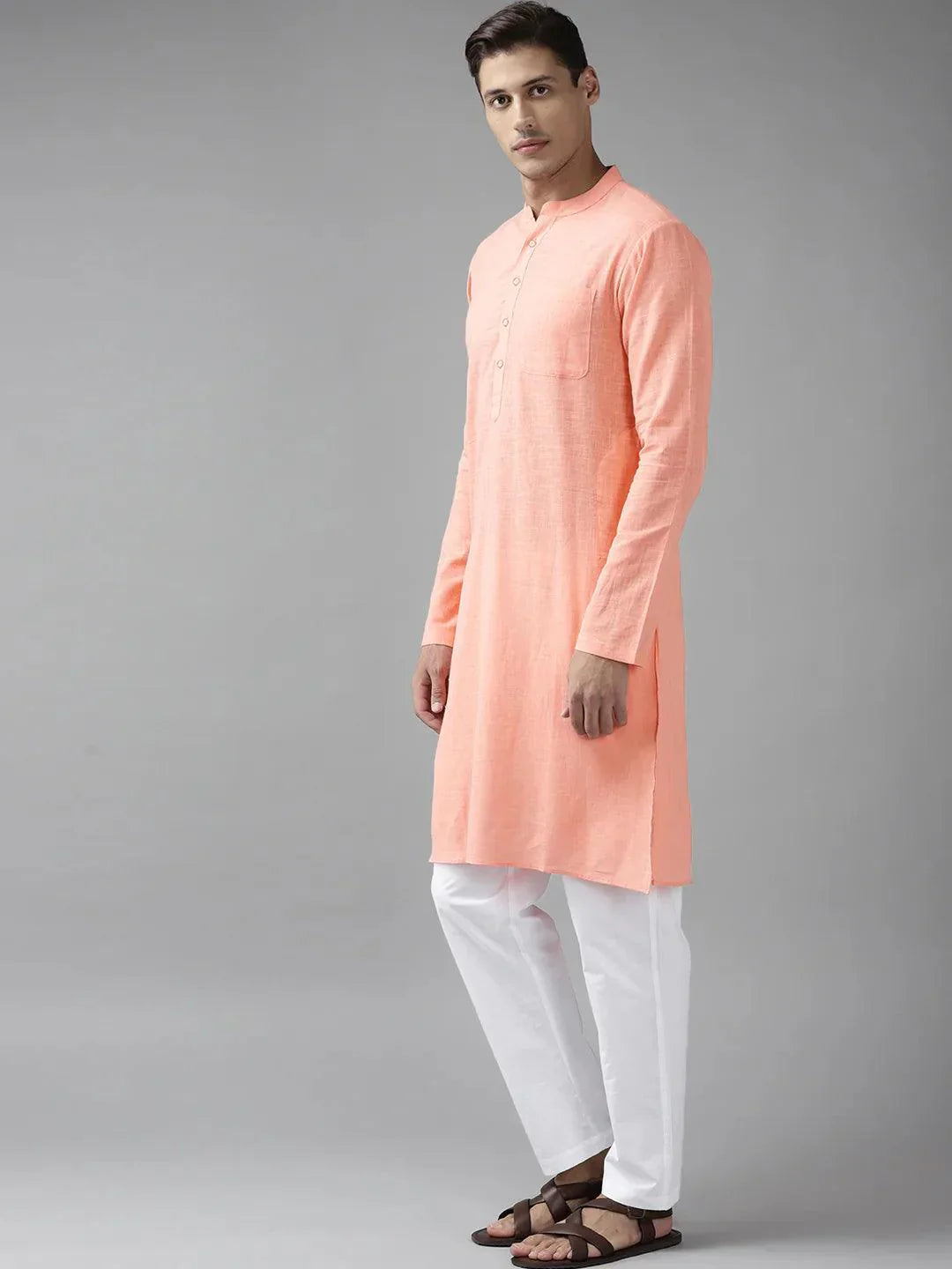 Fabmade Men Peach Cotton Linen Kurta