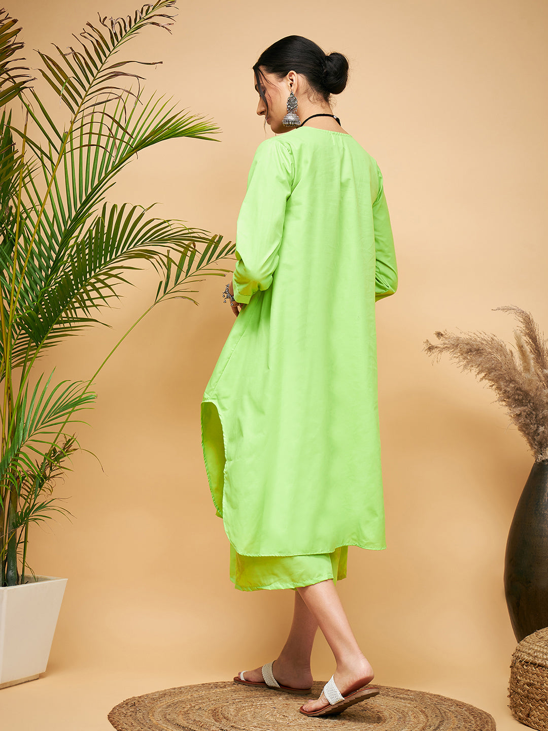 InWeave Women's Lime Green Flared Kurta Palazzo Set