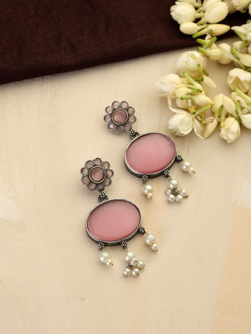 trueBrowns Silver Tone Pink Stone Dangle Earrings - Distacart