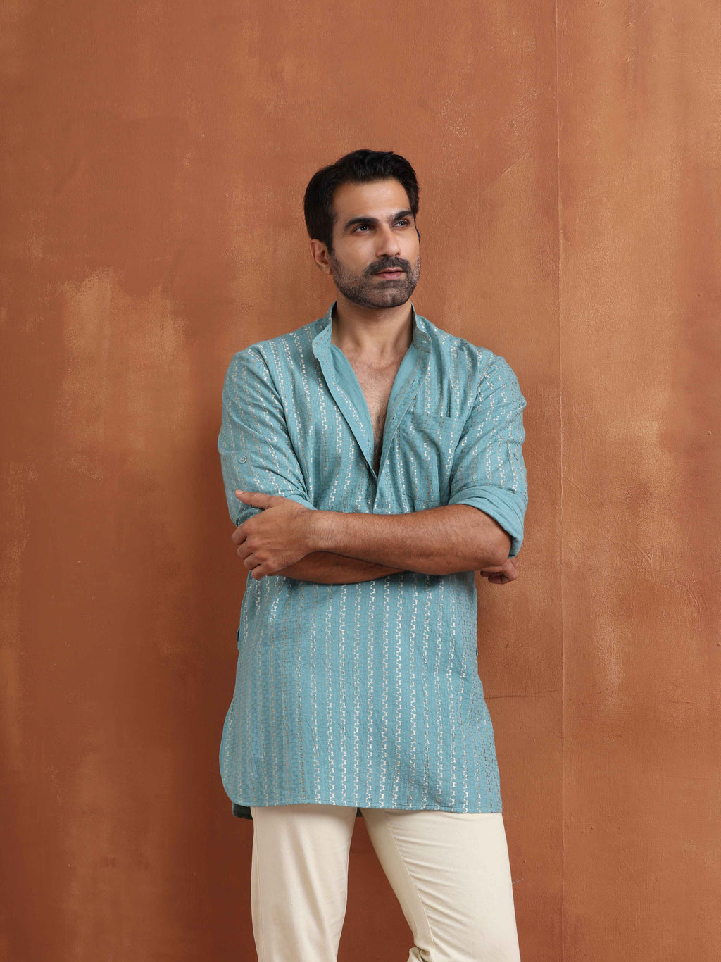 trueBrowns Men's Green Cotton Dobby Short Kurta
