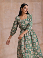 trueBrowns Fern Green Overall Floral Block Print Cotton Square Neck Dress - Distacart