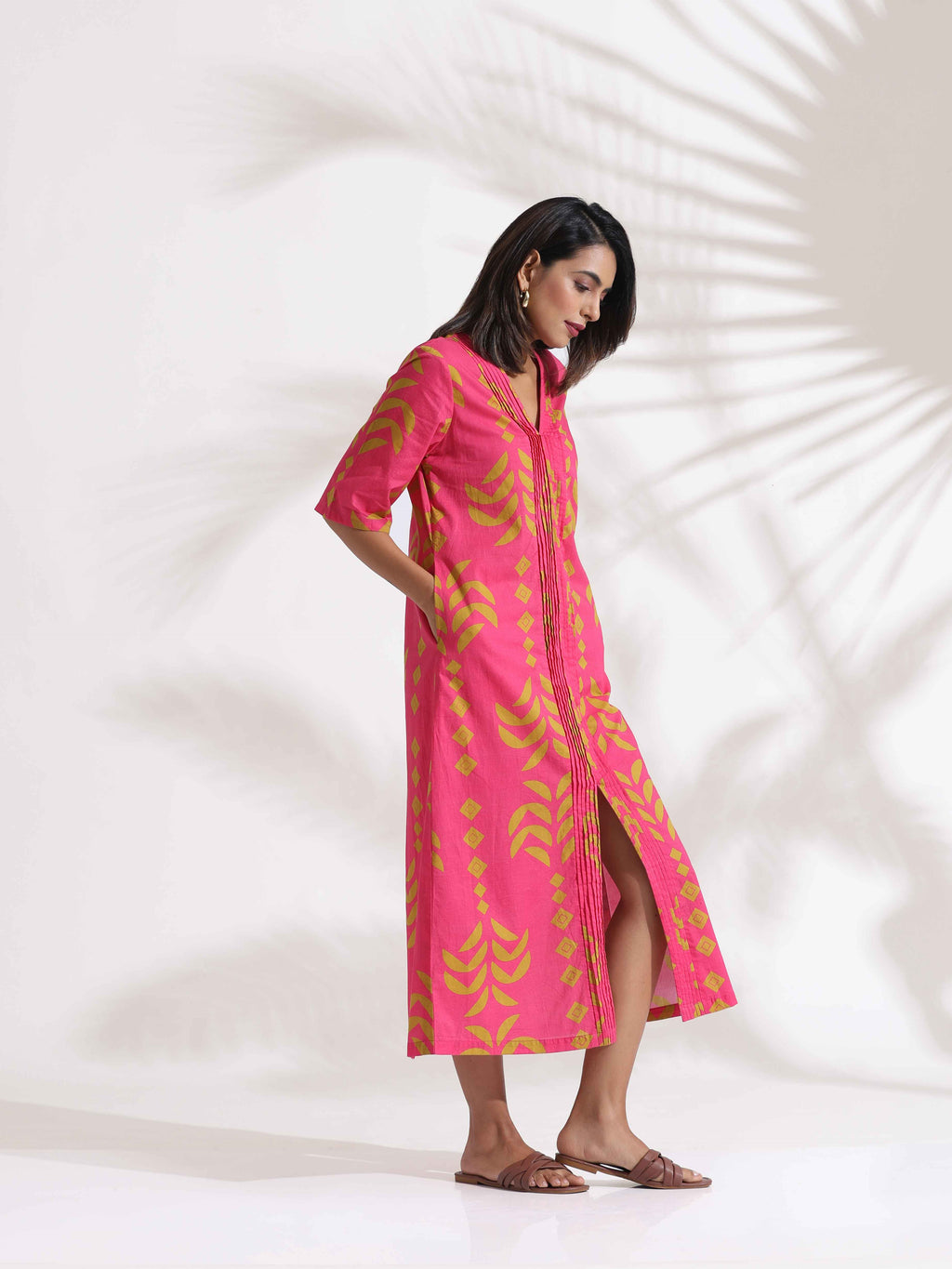trueBrowns Pink Cotton Print pleated Dress - Distacart