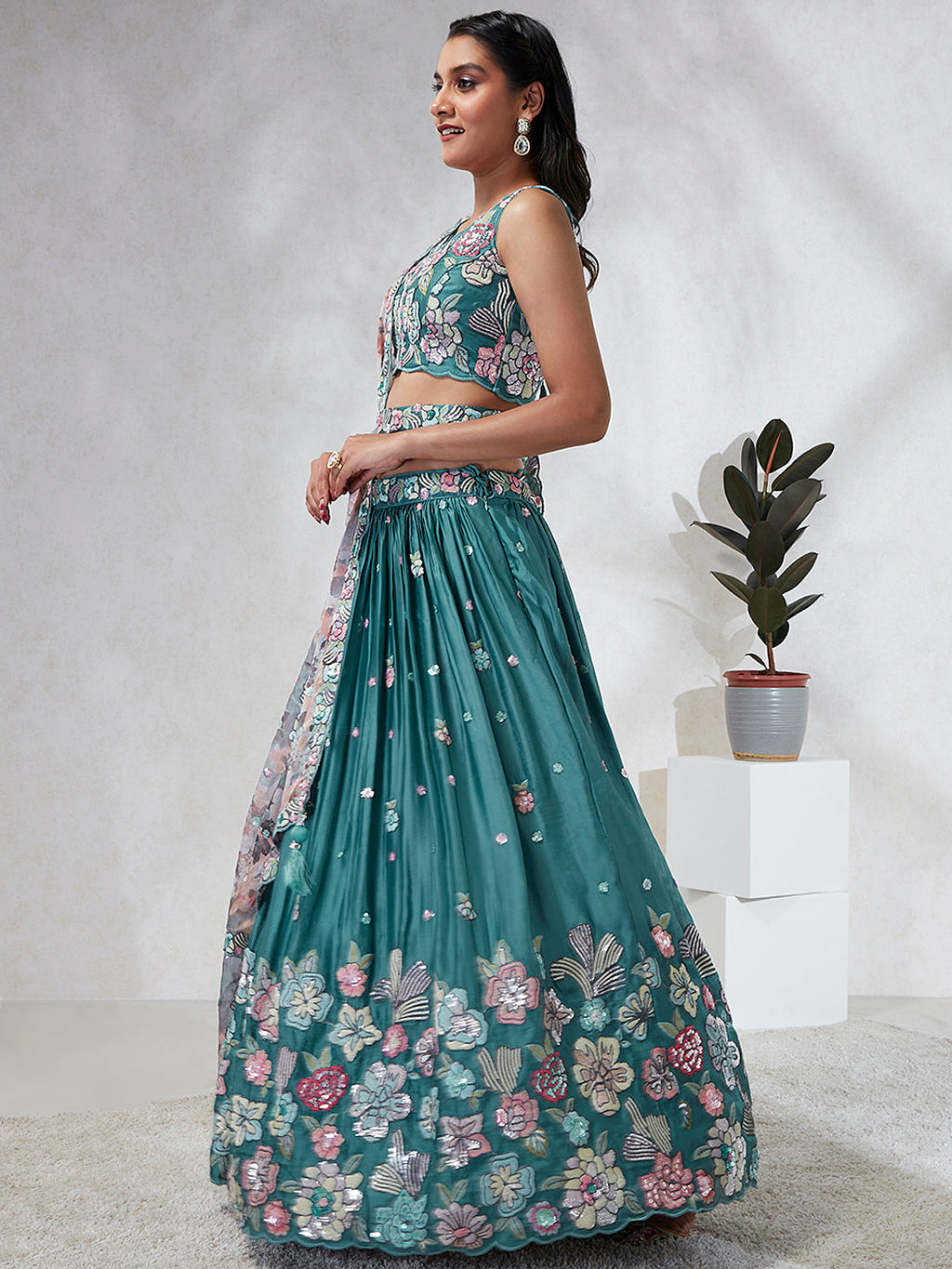 House of Panchhi Turquoise Blue Georgette Sequins And Thread Embroidery Lehenga Choli & Dupatta
