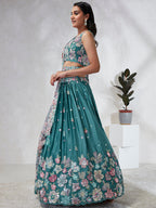 House of Panchhi Turquoise Blue Georgette Sequins And Thread Embroidery Lehenga Choli & Dupatta
