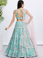 House of Panchhi Turquoise Blue Chiffon Sequins And Thread Embroidery Lehenga Choli & Printed Dupatta