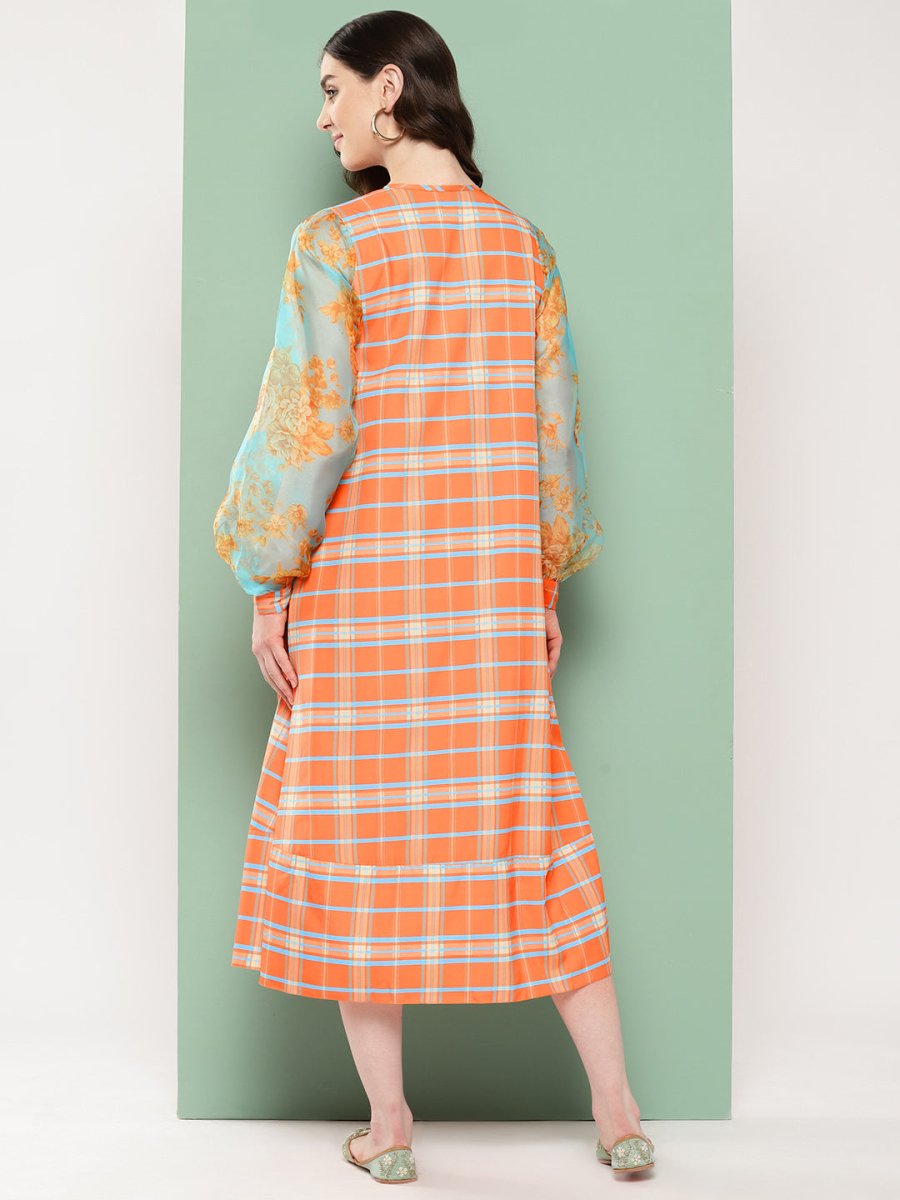 Ahalyaa Checked Tie-Up Neck Sequined Ethnic A-Line Midi Dress - Distacart