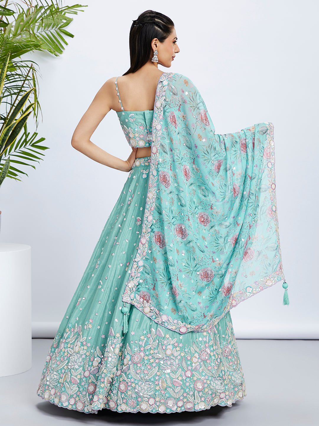 House of Panchhi Burgundy Georgette Sequins, Mirror And Thread Embroidery Lehenga Choli & Dupatta