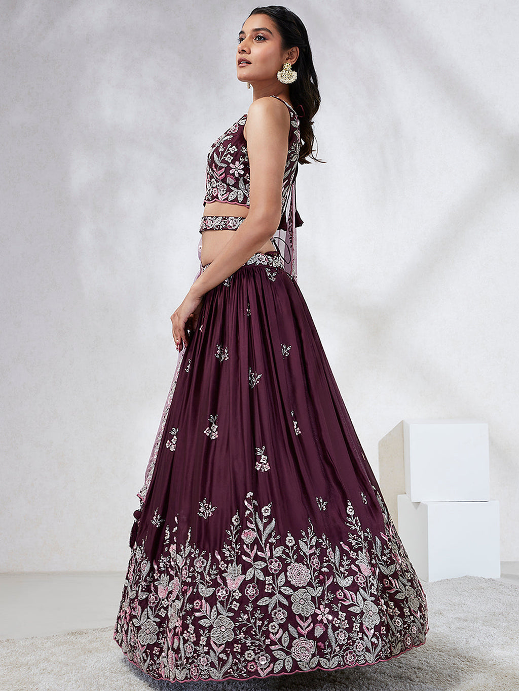 House of Panchhi Burgundy Pure Georgette Sequins And Thread Embroidery Lehenga Choli & Dupatta