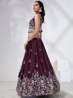 House of Panchhi Burgundy Pure Georgette Sequins And Thread Embroidery Lehenga Choli & Dupatta
