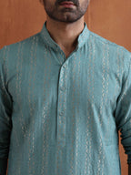trueBrowns Men's Green Textured Cotton Dobby Kurta