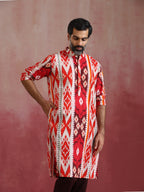 trueBrowns Men's Maroon Ikat Print Mandarin Collar Kurta