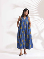 trueBrowns Blue Cotton Print Sleeveless Dress - Distacart