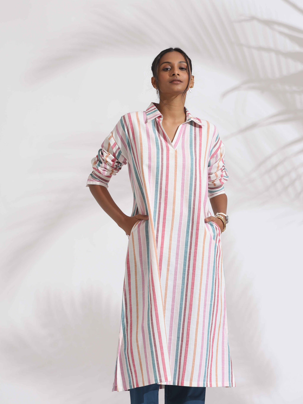 trueBrowns Off-White Cotton Multi Stripe A-line Kurta Set - Distacart
