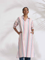 trueBrowns Off-White Cotton Multi Stripe A-line Kurta Set - Distacart