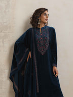 trueBrowns Blue Velvet Floral Embroidered Kurta Pant Dupatta Set - Distacart