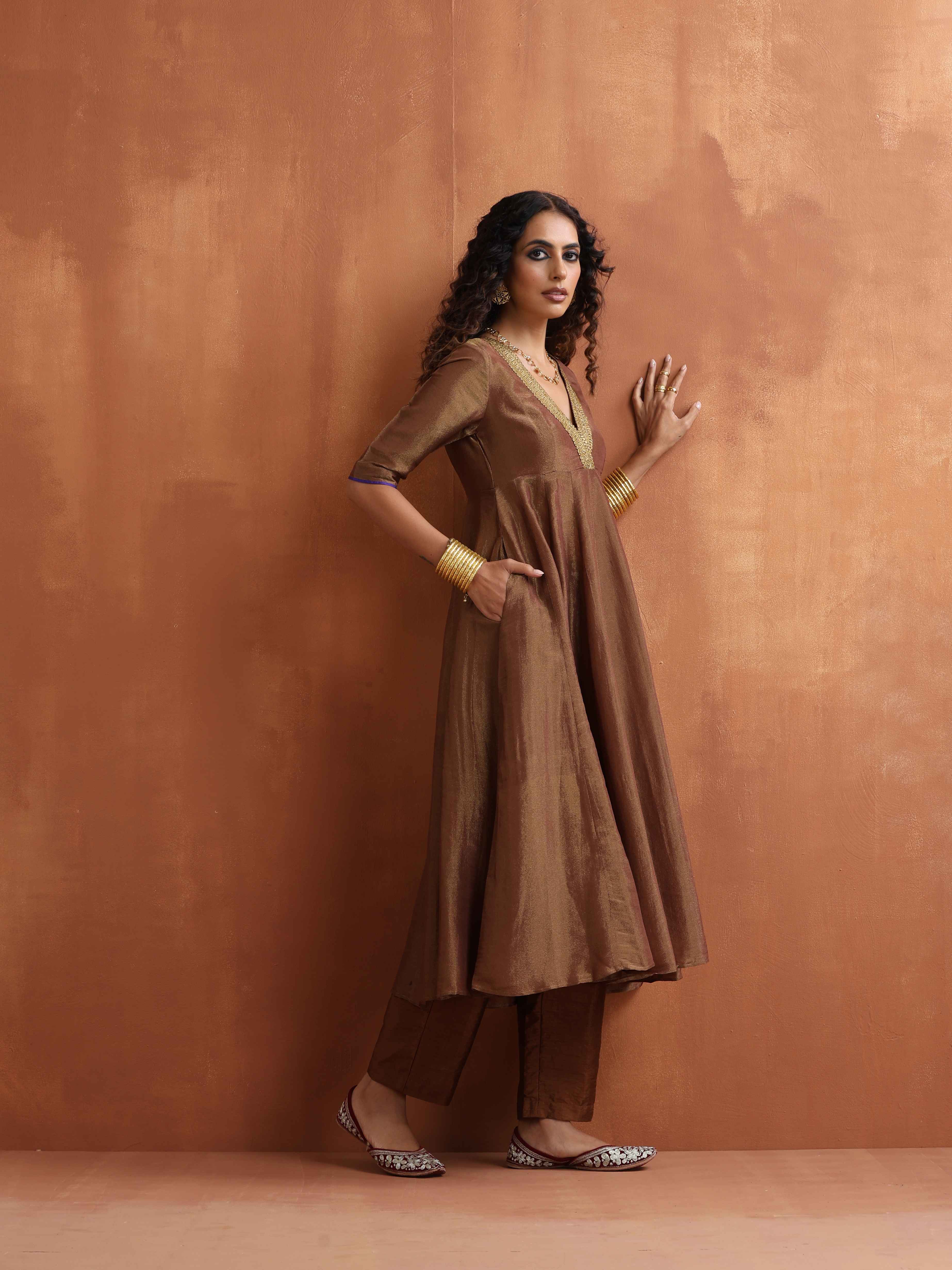 trueBrowns Bronze Tissue Flared Anarkali Kurta Set - Distacart