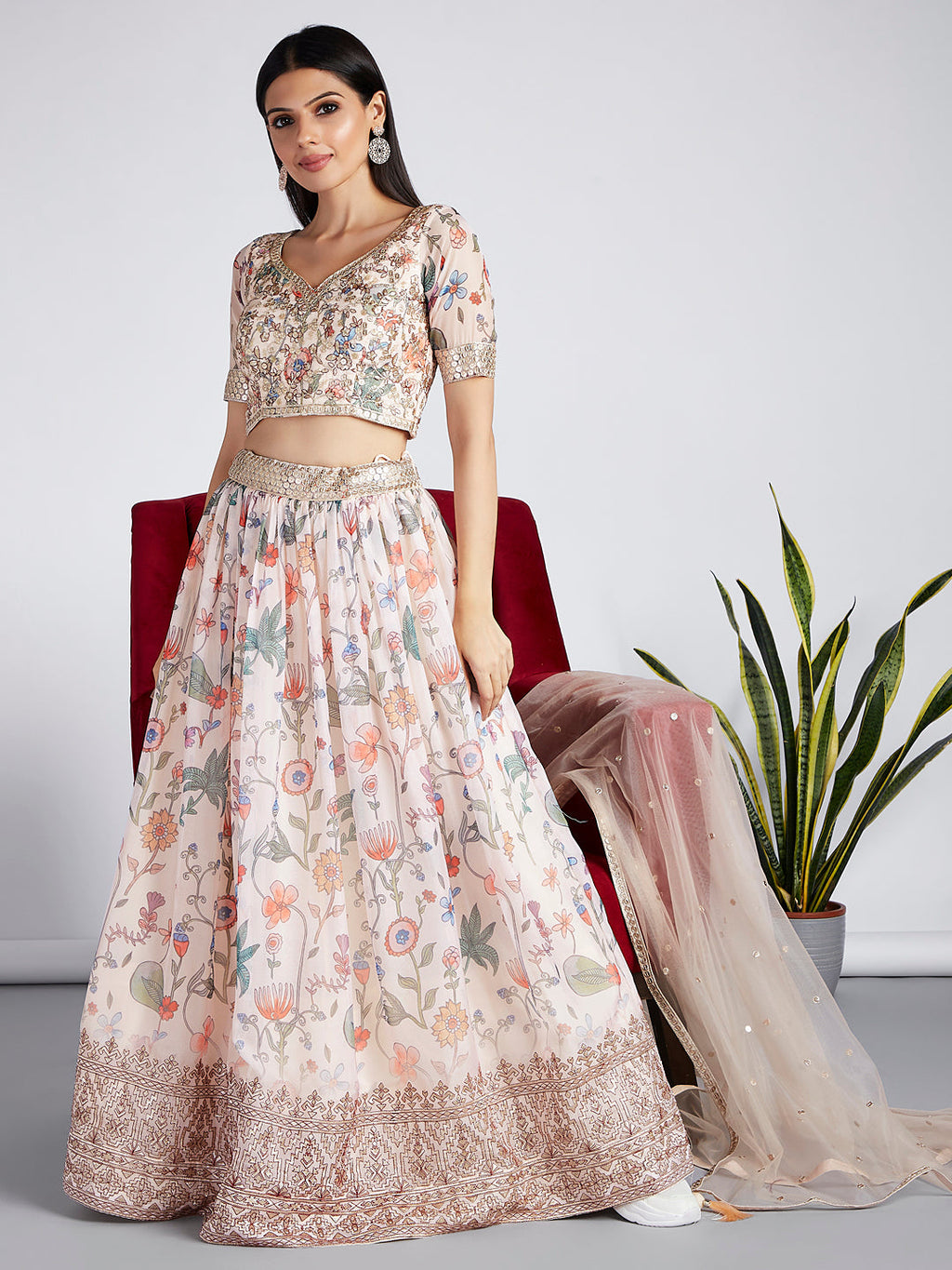 House of Panchhi Cream Colour Organza Floral Design Digital Print Lehenga Choli & Dupatta
