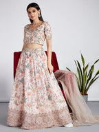 House of Panchhi Cream Colour Organza Floral Design Digital Print Lehenga Choli & Dupatta
