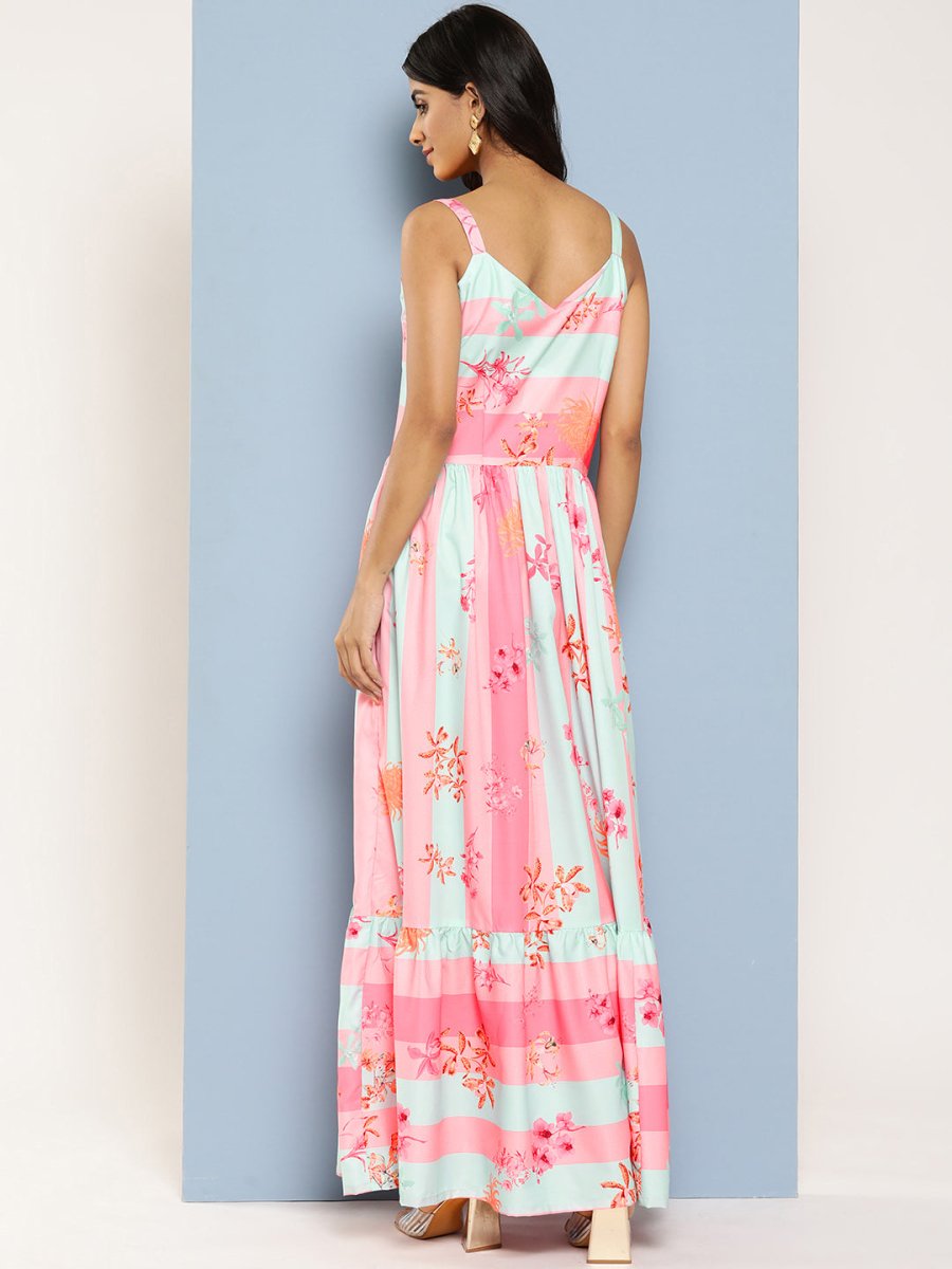 Ahalyaa Striped Floral Print Crepe Maxi Ethnic Dress - Distacart