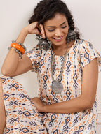InWeave Off White Orange Black Ikkat Print Round Neck Aline Dress - Distacart