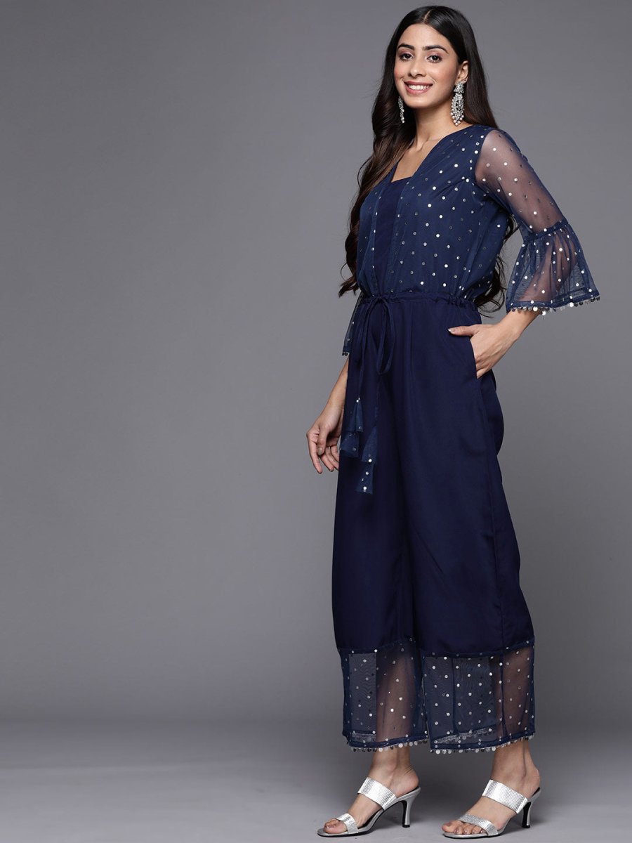 Ahalyaa Printed Bell Sleeves Crepe Basic Jumpsuit With Waist Tie-Ups - Distacart