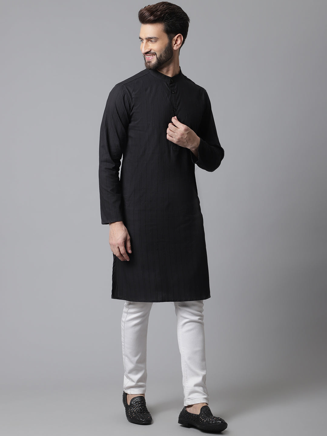 Even Apparels Black Striped Kurta With Band Collar - Distacart