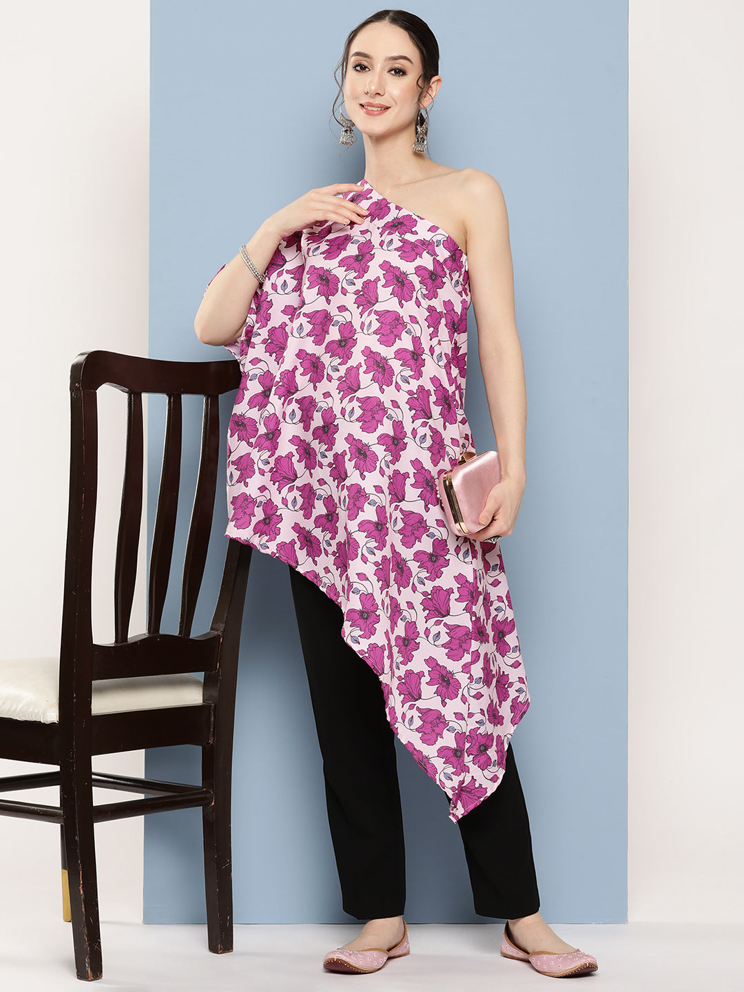 InWeave Women's Pink Fuchsia Japanese Art Oneshoulder Top
