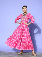 InWeave Women's Abstract Pink Print Long Dress With Work - Distacart