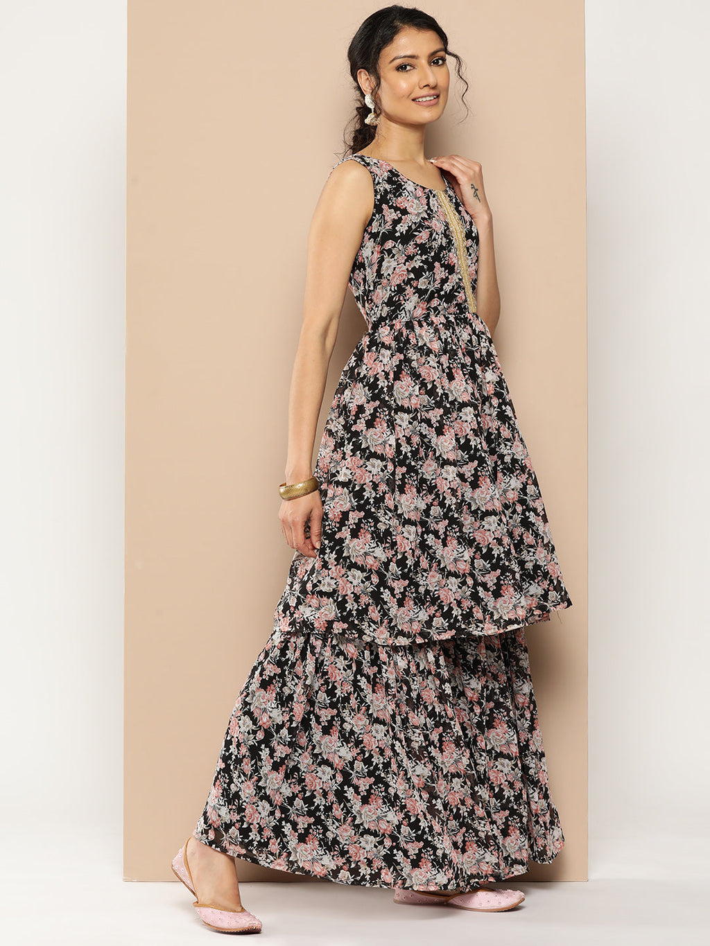 KSUT (House of Varanga) Black Printed Anarkali Kurta Paired With Sharara And Plain Tonal Dupatta